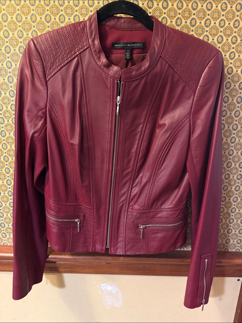 White House Black Market Women's Wine Leather Zip Moto Jacket